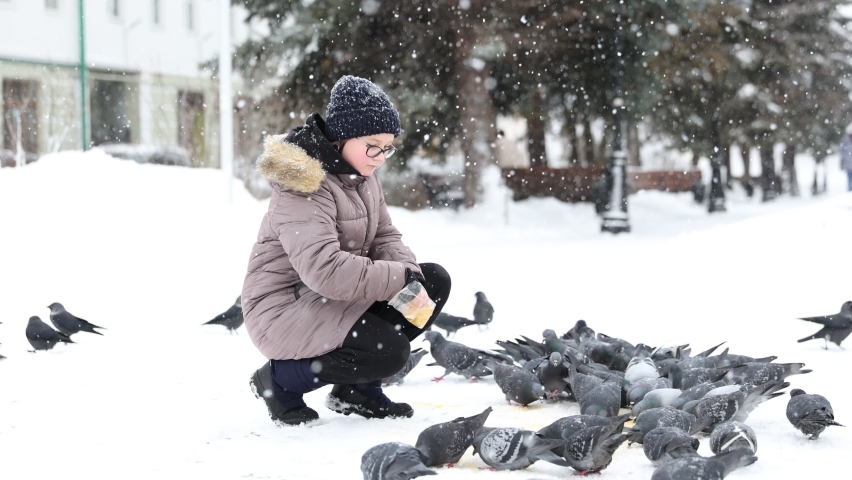 Little girl feeds the pigeons in the winter park, concept of caring, family, walk. A kind, generous child treats pigeons with millet. Saving the birds from starvation in winter