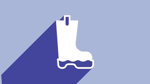 White Waterproof rubber boot icon isolated on purple background. Gumboots for rainy weather, fishing, gardening. 4K Video motion graphic animation.