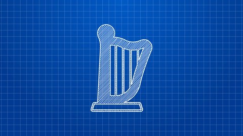 White line Harp icon isolated on blue background. Classical music instrument, orhestra string acoustic element. 4K Video motion graphic animation.