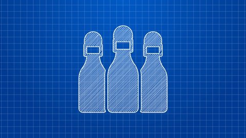 White line Bowling pin icon isolated on blue background. 4K Video motion graphic animation.