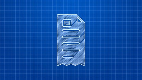 White line Paper check and financial check icon isolated on blue background. Paper print check, shop receipt or bill. 4K Video motion graphic animation.