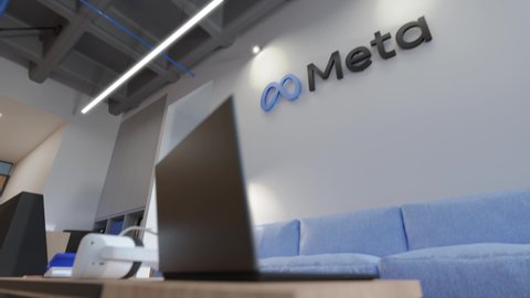 METAVERSE - FEBRUARY 2022: Meta Rebrands Oculus Quest VR Headset To "Meta Quest" (3D CGI Hyperlapse Animation of Meta Platforms Logo in Corporate Office Interior.)