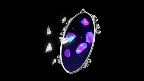 Surreal, fantasy 3D animation. Magic mirror and crystals, slightly rotating optical illusion, isolated on black background with alpha mate.