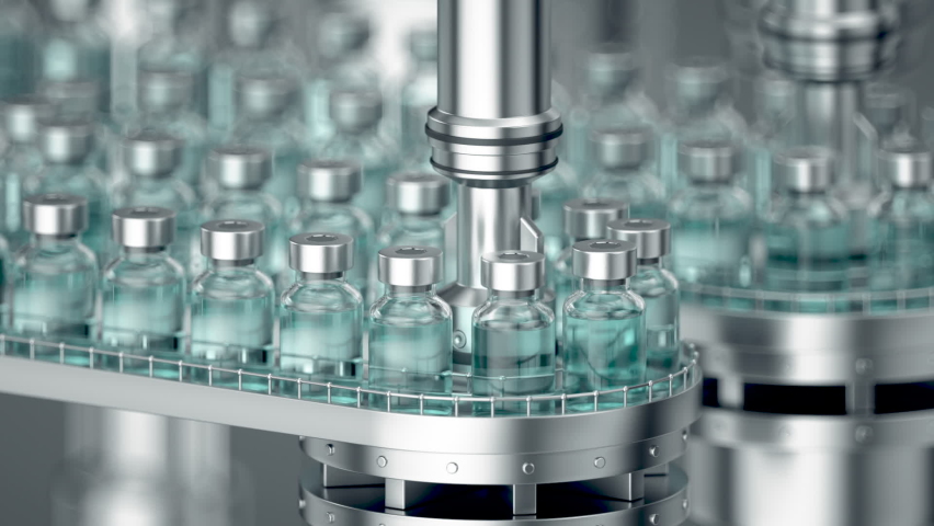 3d animation. Pharmaceutical manufacture with glass bottles with clear liquid moving on automatic conveyor line. COVID-19 mRNA vaccine production platform Royalty-Free Stock Footage #1086729815