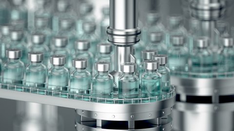 3d animation. Pharmaceutical manufacture with glass bottles with clear liquid moving on automatic conveyor line. COVID-19 mRNA vaccine production platform 库存视频