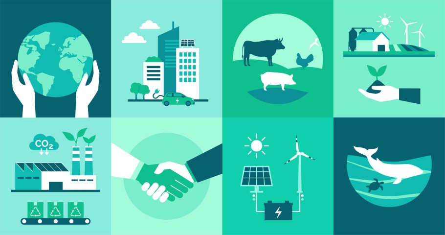 Ecology icons set: environmental protection, smart cities, sustainable industry and agriculture, animal welfare and renewable energy concept | Shutterstock HD Video #1086732236