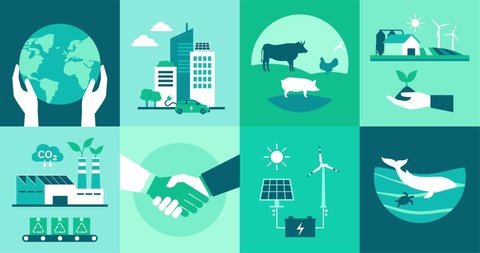 Ecology icons set: environmental protection, smart cities, sustainable industry and agriculture, animal welfare and renewable energy concept