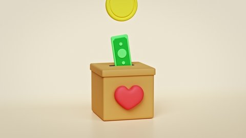 coins, cash and box. Donate money charity concept. simple 3d animation