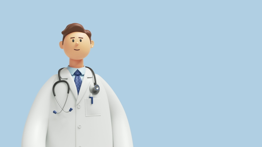 3d animation. Human doctor cartoon character with stethoscope, hand gesture, looking at camera. Clip art isolated on blue background. Professional recommendation. Medical presentation Royalty-Free Stock Footage #1086734549