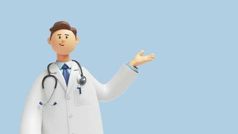 3d animation. Human doctor cartoon character with stethoscope, hand gesture, looking at camera. Clip art isolated on blue background. Professional recommendation. Medical presentation
