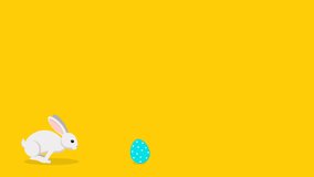 An Easter white rabbit jumps through multi-colored eggs on a yellow background. Looped graphics animation.