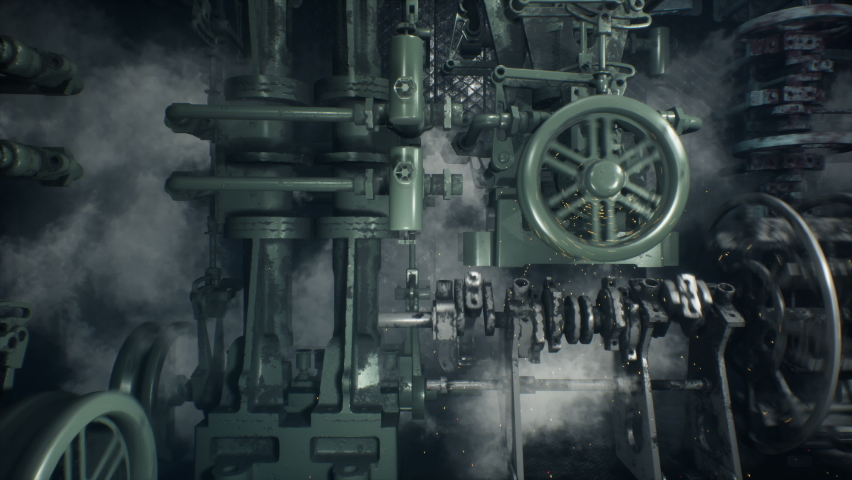 Smoky and sparkling vintage mechanisms and machines in an ancient old factory. The concept of steampunk mechanisms. The animation is perfect for vintage, fantasy and technology backgrounds. | Shutterstock HD Video #1086739178
