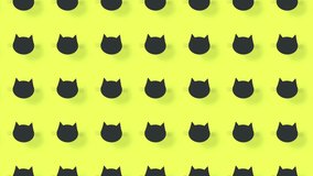 Colorful pattern of black cat heads on yellow background with shadows. Seamless pattern with cat faces. Top view. Animal silhouette. 4K video motion