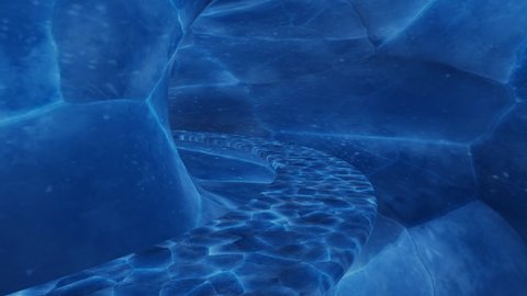 Concept of adventure, moving inside stone mineral blue cave of blue color. Design. Endless bending beautiful underground tunnel, seamless loop.