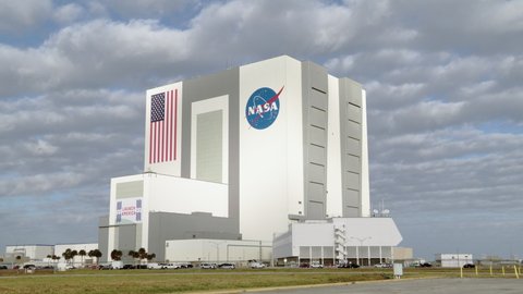 KENNEDY SPACE CENTER, FL - Jan. 2021. Wide shot of NASA’s Vehicle Assembly Building (VAB) at the Kennedy Space Center in Cape Canaveral Florida. NASA’s Artemis Orion SLS moon rockets are built here.