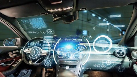 Interior of autonomous car. Driverless vehicle. Driving assist system. HUD (Heads up display).