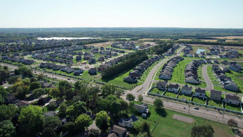 Aerial drone shot of a new development suburb in the Midwest United States.
