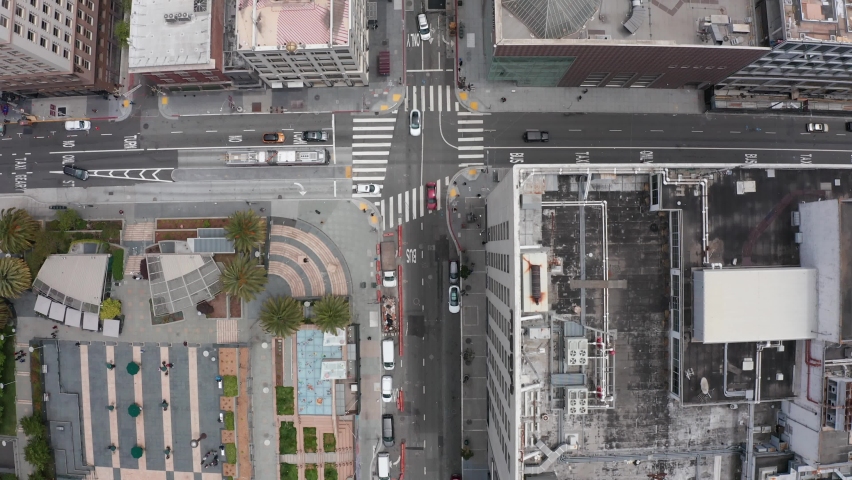 Aerial bird's eye shot looking down above the streets of San Francisco near Union Square. 4K Royalty-Free Stock Footage #1086745418