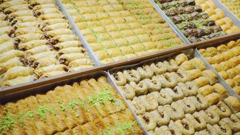 Wide range of baklava at the Grand Bazaar in Istanbul, Turkey. The historical market is a popular tourist destination and one of oldest covered markets in the world.