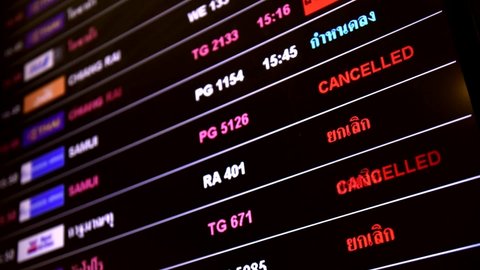 Bangkok, Thailand - Feb 9, 2022 : departure board showing cancelled flights due to extended ban on international flights during COVID-19 outbreak in Suvarnabhumi Airport