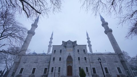 It was built during the Ottoman Empire and
Winter view of Suleymaniye Mosque, which is on the UNESCO world heritage list, during snowfall Turkey istanbul Fatih January 24 2022