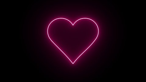4K Animated Neon Line Light Beating Heart Icon with Pink Neon Light Effect Isolated on Black Background. Valentines day design element. Glowing neon heart.