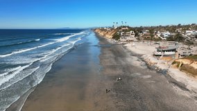 Warm sunny day on the beach Encinitas in southern California.Drone shot over the beaches of Encinitas near San Diego, USA.
