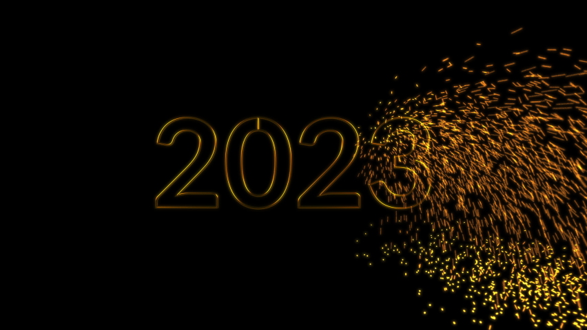 Happy New Year 2023. Festive illustration of golden metallic numbers 2023 appearing with sparks on a black background. Realistic 3d sign. Holiday poster or banner design Royalty-Free Stock Footage #1086758897