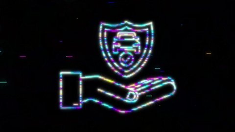 Car insurance contract document over hands. Glitch Shield icon. Protection. motion graphic