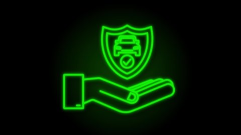 Car insurance contract document over hands. Neon Shield icon. Protection. motion graphic