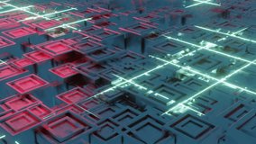 Futuristic sci-fi metal shapes and neon glowing lights. Sci-fi technology background. 3D rendering animation