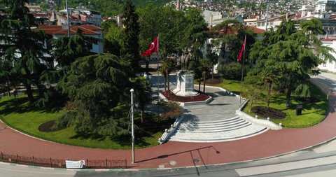 Stunning long aerial shot of Bursa Ataturk Statue during the lockdown