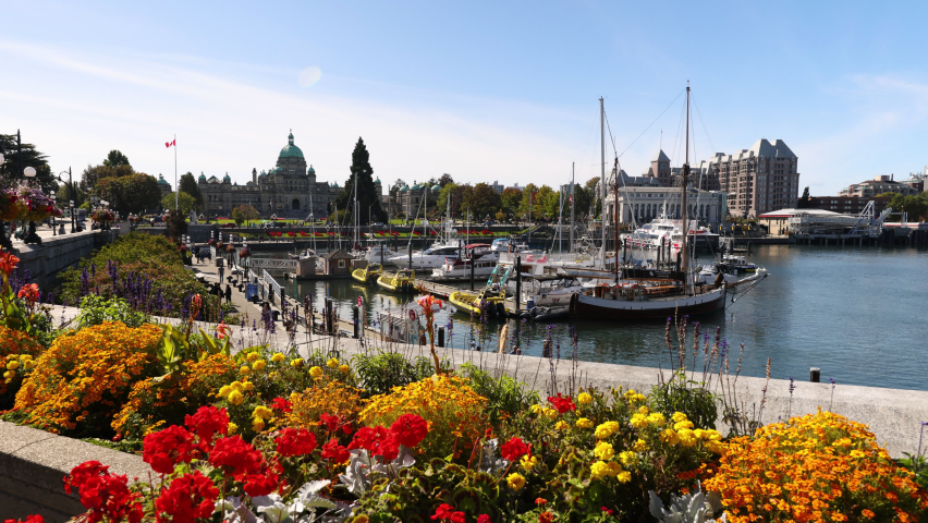 Victoria, British Columbia in summer with flowers. Victoria inner Harbour and British Columbia Parliament Buildings, Vancouver Island, BC, Canada