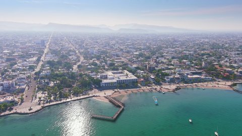 La Paz, Mexico: Aerial view of capital city of Baja California Sur, clear turquoise waters of Gulf of California, sunny day with blue sky - landscape panorama of North America from above