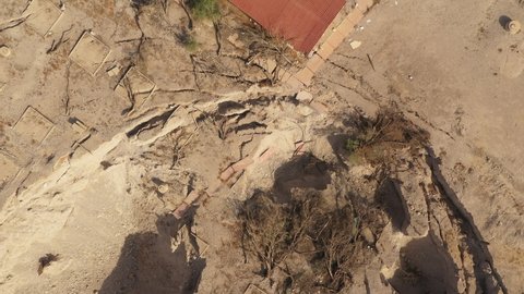 Overhead aerial view of sinkholes next to house in Ein Gedi in Israel. Decreasing water levels along the Dead Sea lead to dangerous situation, and closures of beaches and towns. 