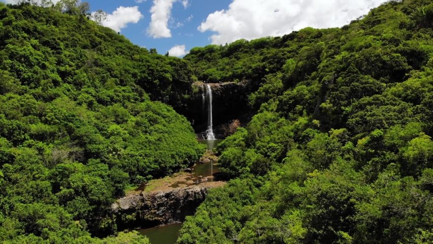 Aerial shot of 7 cascade waterfalls in Mauritius