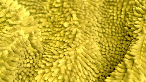 Fleecy Shaggy Detailed Texture of Yellow Fabric Puffy Soft Carpet in Bathroom, Macro, Close up. Yellow Fleece Material, Textile.