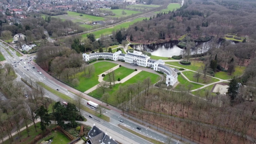 Aerial view of Palace Soestdijk located just north of the border in the municipality of Baarn in the province of Utrecht The Netherlands it was the home for the Dutch Queen and Prince 4k high quality