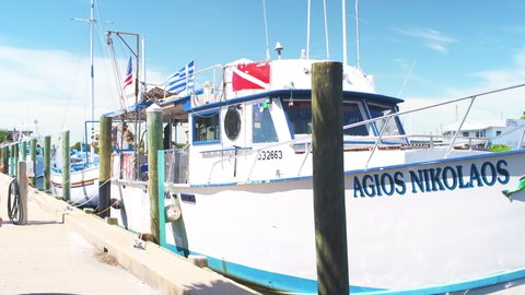 Tarpon Springs, USA - October 4, 2021: Natural sea sponges net in Florida Greek diaspora fishing town panning of boats in sponge capital of the world with Greece flags