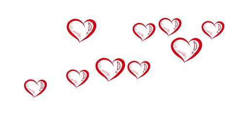 Love heart emojis flying up to the top of the screen. Animated Doodle Hand Drawn hearts Vintage Style Hearts Animation Isolated on White Background Valentine's Day Element