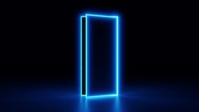 Neon door appears in a dark room and opens to another dimension. Flying forward through a doorway. 3D animation 4K 60 FPS. Alpha channel included (premultiplied). - Powered by Shutterstock - Get 15% off with code: PIKWIZARD15