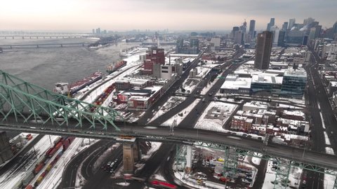 Montreal, Quebec Canada 02-10-2022:  Timelapse of vehicles passing on Pont Jacques Cartier in Montreal City
