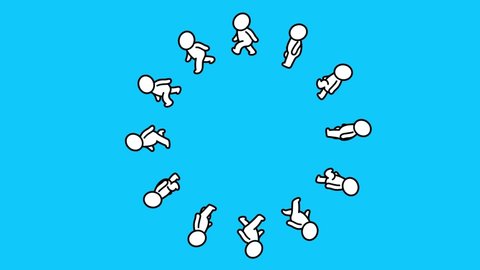 Twelve white cartoon stickmen walking around in a circle. Character animation good for business whiteboard explainer, etc... Sociology, business... Seamless loop. Isolated loop.