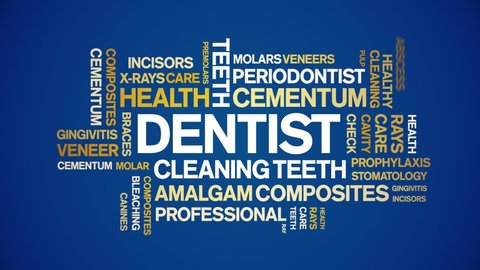 Dentist animated tag word cloud,text design animation kinetic typography seamless loop. 