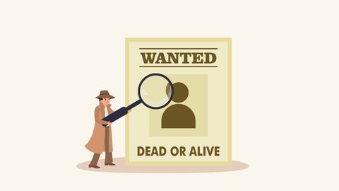 Male detective animation looking at wanted people on the poster while using magnifying glass. Cartoon in 4k resolution