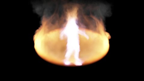 The hemisphere of fire rotates towards the screen on a black background. In the ring of fire, the silhouette of a man made of white smoke rotates counterclockwise.