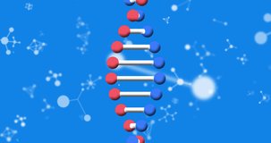 Animation of dna strand spinning and molecules on blue background. science and research concept digitally generated video.
