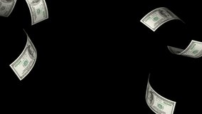 animated dollar bill rain frame with space in the middle, 4k video, black background