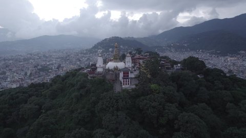 Nepal Swayambhunath Stupa Aerial Shot Forward Mountain in Kathmandu Log - World Heritage Site