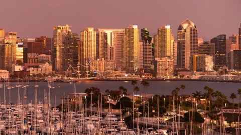 San Diego Downtown Skyline Telephoto Sunset from Harbor Island L Time Lapse California USA